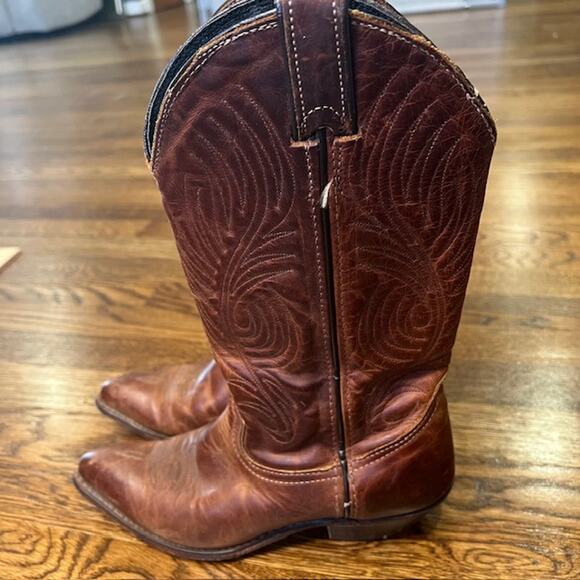 VTG Code West Brown Leather Cowgirl Boots Womens 7M Pointed Toe Western Boho - Picture 3 of 11